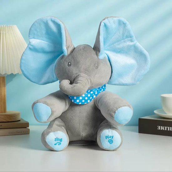 Kraftverdia Pluche Knuffel - Interactieve Knuffel - Zingende Olifant - Kiekeboe met bewegende oren - Blauw