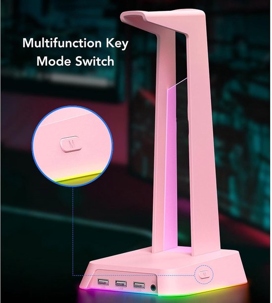 Headsetstandaard Bureau - Hoofdtelefoonhouder - Gaming Setup - RGB Verlichting USB - Gewogen Basis - Roze — afbeelding 5