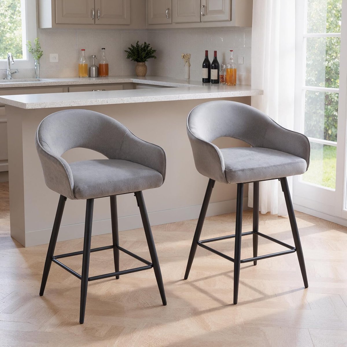 Barkrukken Set - Barstoelen Fluweel - Keuken Bar - 360 Graden Draaibaar - 54x55x92 cm - Grijs