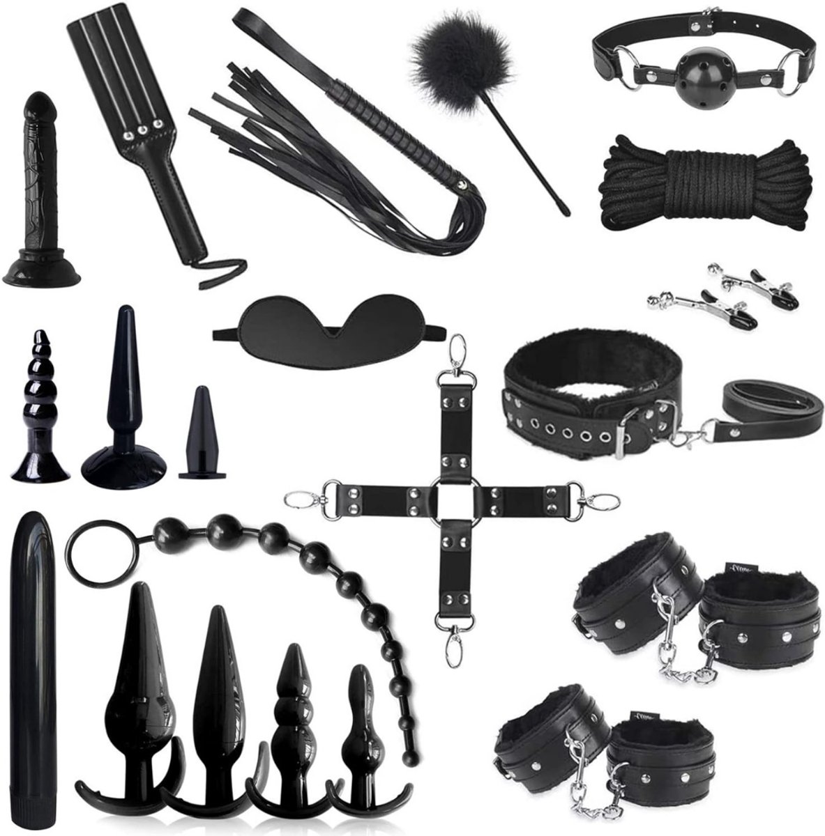 VIN® BDSM Extreme - Sex Toys voor Koppels - 21 Stuks - Seksspeeltjes voor Koppel - Zweepje Seks - Shibari Touw – Bondagesets - Sexspeeltjes voor Koppels - Couple Games – Bondagesets – Boeienset, Handboeien, Tepelklemmen, etc - Zwart
