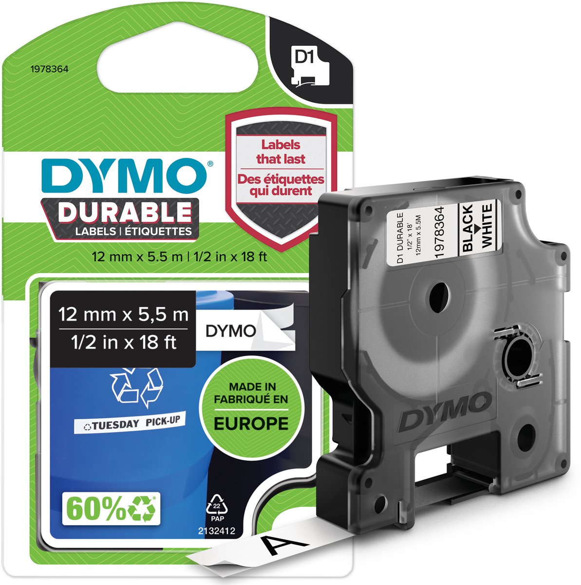 DYMO originele D1 Duurzame labels | Zwarte Tekst op Wit Label | 12 mm x 5,5 m | zelfklevende etiketten voor de LabelManager labelprinter | gemaakt in Europa