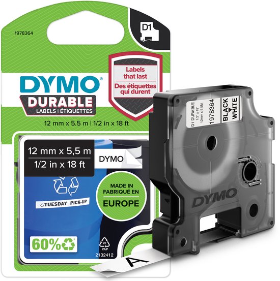 Dymo Duurzame D1 Tape 12 mm x 5,5 m Zwart Wit Label