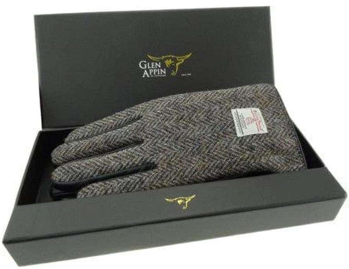 Heren Handschoenen Heide gemêleerd met Zwart Leer - Harris Tweed - Glen Appin of Scotland L
