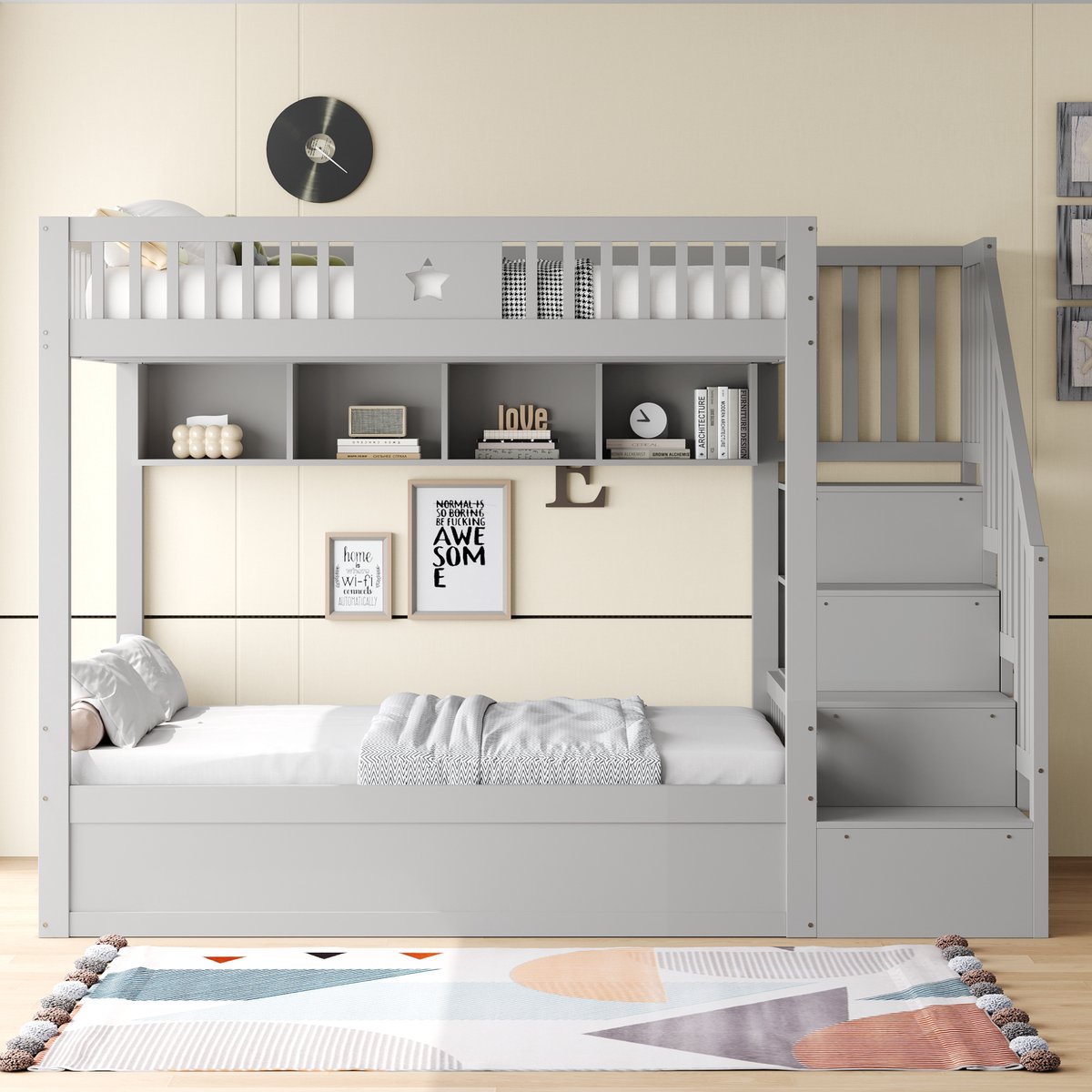 Stapelbed 140x200cm - met opbergruimte - opbergladder - plank - tienerbed - grijs - zonder matras