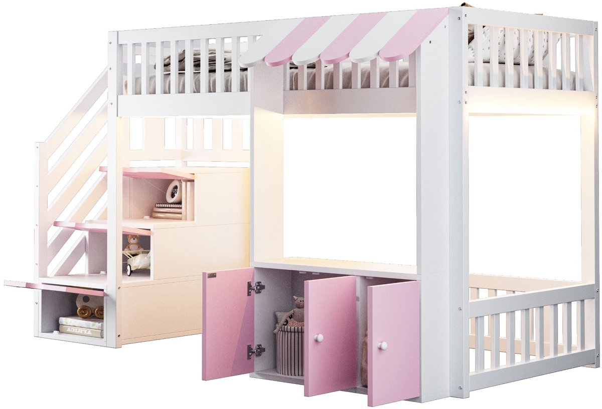 Merax Hoogslaper voor Kinderen 90x200 - Bed in Huisvorm met Opbergtrap en Opbergkast - LED Verlichting met Afstandsbediening - Houten Lattenbodem - Roze met Wit
