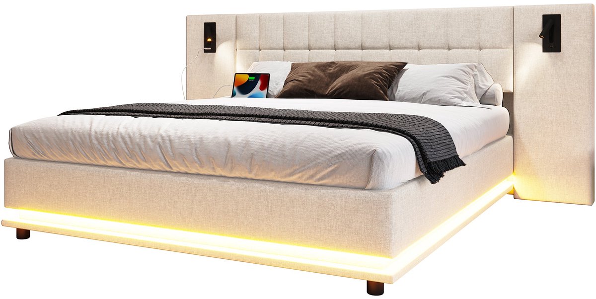 Merax Gestoffeerd Bed 180x200 - Linnen - LED Verlichting met Afstandsbediening - USB Aansl