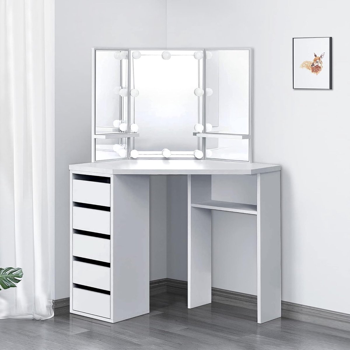 Kaptafel met Kruk - Cosmeticatafel Verlichting - Make-up en Styling - Drie Verstelbare Spiegels - 110x54x1415 cm - Wit Lichtgrijs