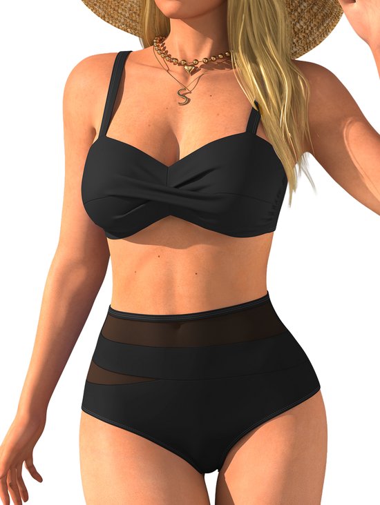 Bikini badpak Zwart Hoge taille Tweedelige bikiniset Badpak Vrouw Soild Dames Strandkleding Zwemkleding Bader Badpak Biquini (Bl XL) (BL