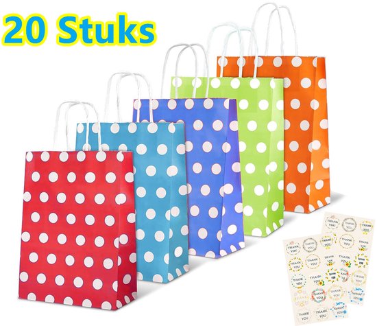 Kleurrijk Uitdeelzakjes - Upgrade Grote - 20 Stuks - 22x11x27cm - Kado Zakjes - Uitdeelcadeaus - Cadeauzakjes - Cadeautasje - Papieren zakjes - Inpakzakjes - Sluitstickers - Stickers - Colorful Gift Bags