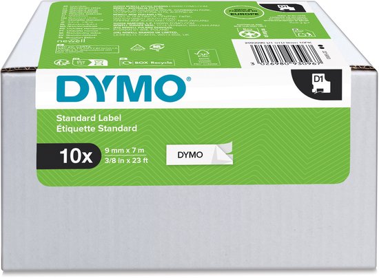 Een verpakking met 10 DYMO D1 etiketten, 3/8 inch x 23 ft, gemaakt in Europa.