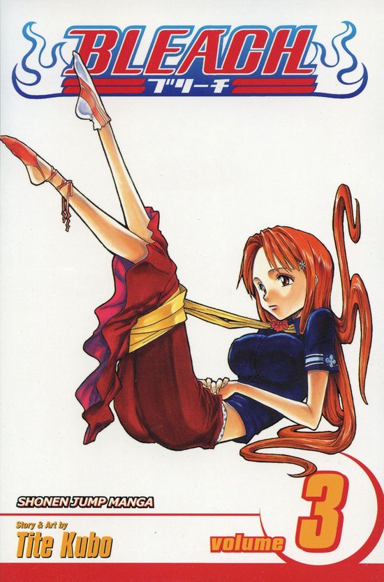Couverture du volume 3 de Bleach montrant une fille d'anime aux cheveux orange portant une jupe rouge et un haut bleu.