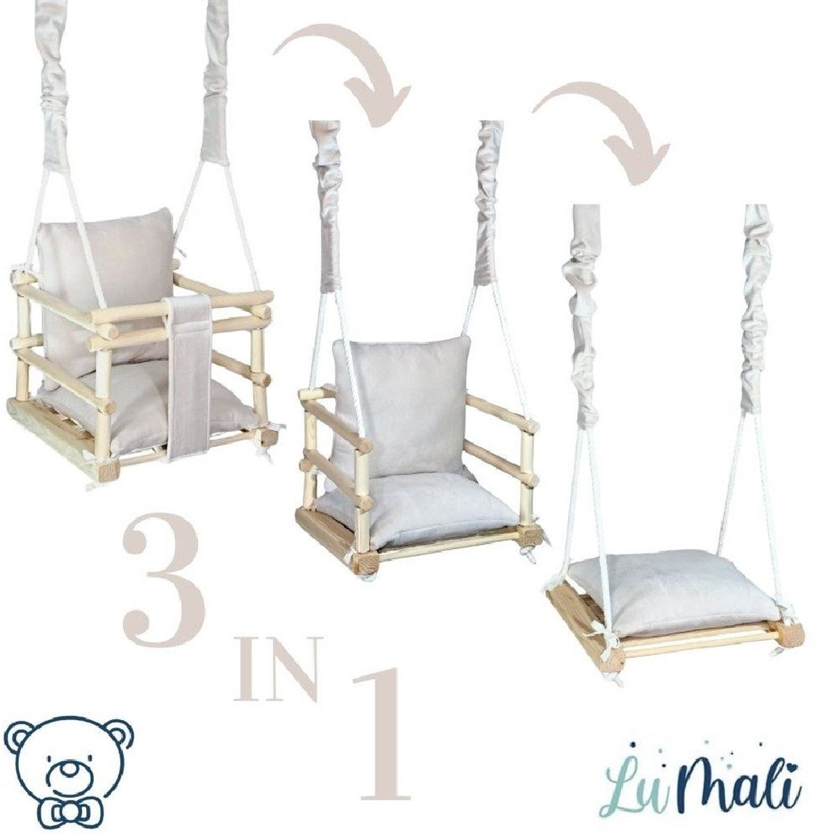 LuMali Kinderschommel 3 in 1 Beige - Baby Schommel - Baby swing -Schommel die Meegroeit met je Kindje