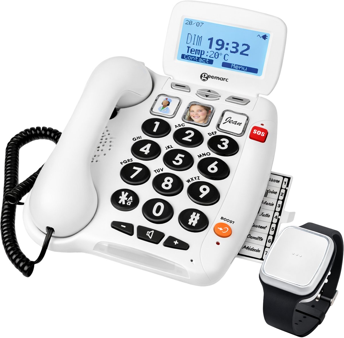 Geemarc, Senioren 40 dB Telefoon met SOS Armband en Valdetectie, Wit