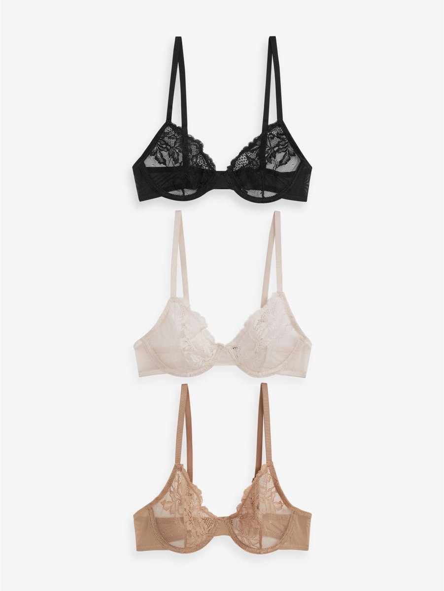 Next - Dames - Set van 3 kanten beha's (E76841) zonder vulling met volledige cups - Zwart
