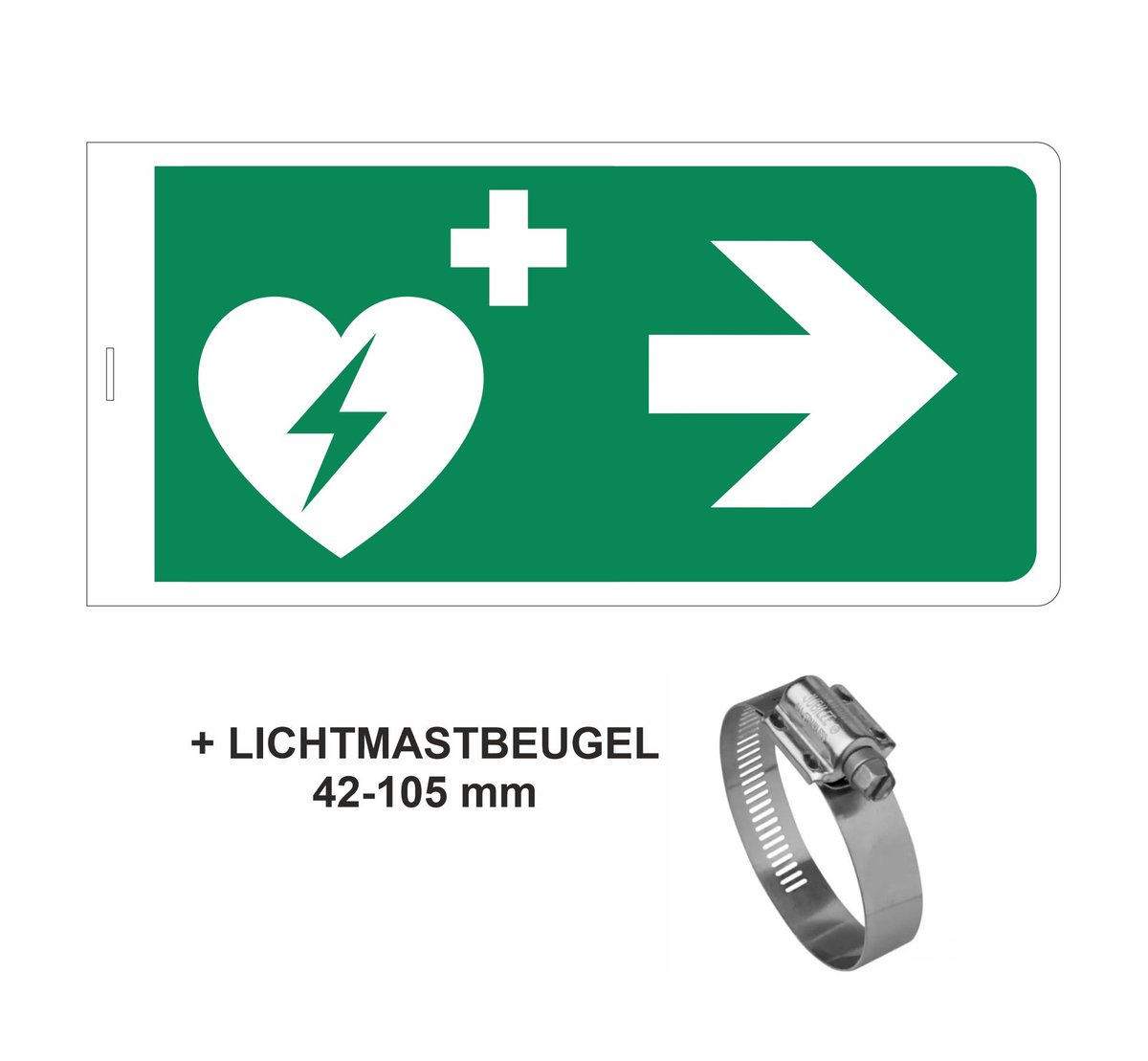 AED links /rechts REFLECTEREND (7-10 jaar buitengebruik) 40x20 cm DIBOND bord HAAKS (dubbelzijdig) + lichtmastbeugel 42-105 mm