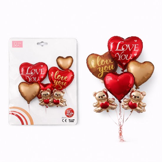 Set van 6 folieballonnen: 4 rode en gouden hartvormige ballonnen met "I Love You" tekst en 2 teddybeerballonnen met hartjes.