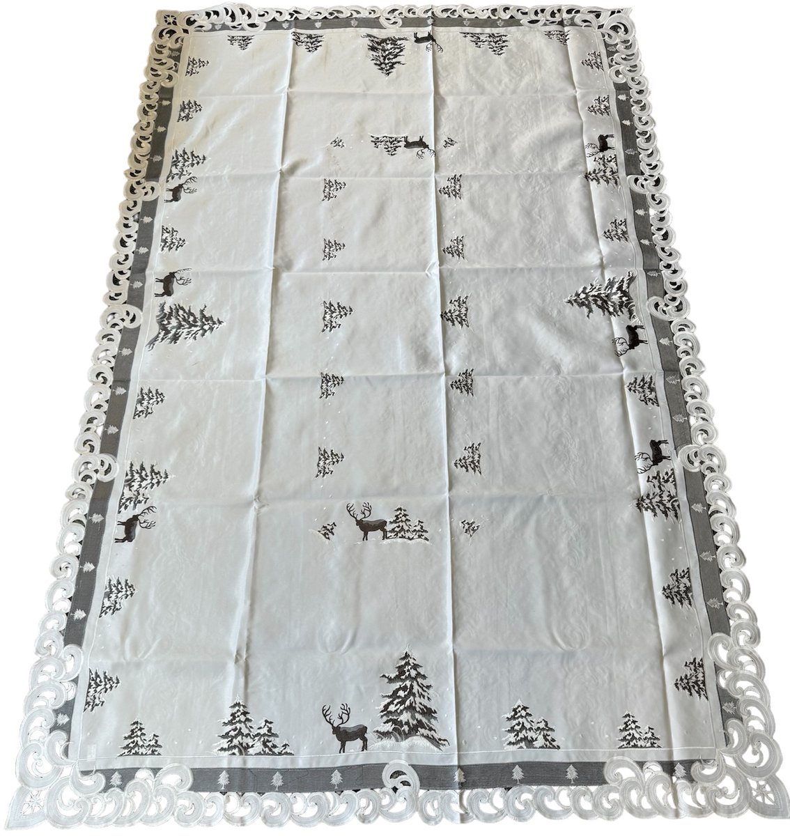 Tafelkleed Kerst – Linnenlook Wit met Grijze Rendieren & Kerstbomen – Recthoek - 140 x 220 cm