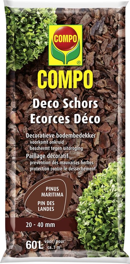 Zak COMPO Deco Schors met dennenbast van 20-40 mm, bedekt met groene planten.