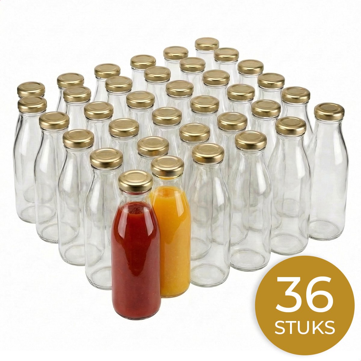 Glasverpakkingen® Sapfles 250ml - 36 Stuks - Glazen Flesjes met Dop - Hervulbaar - Smoothie Fles - Sausfles - Sapflesjes Herbruikbaar - Gouden Dop