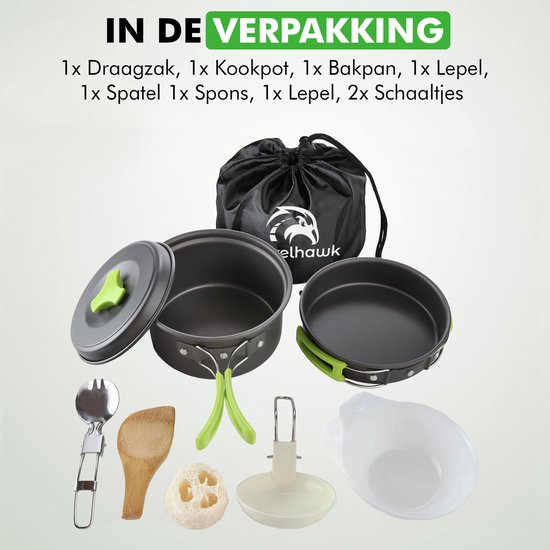 Inhoud van de pannenset: draagzak, kookpot, bakpan, lepels, spullen en kommen.