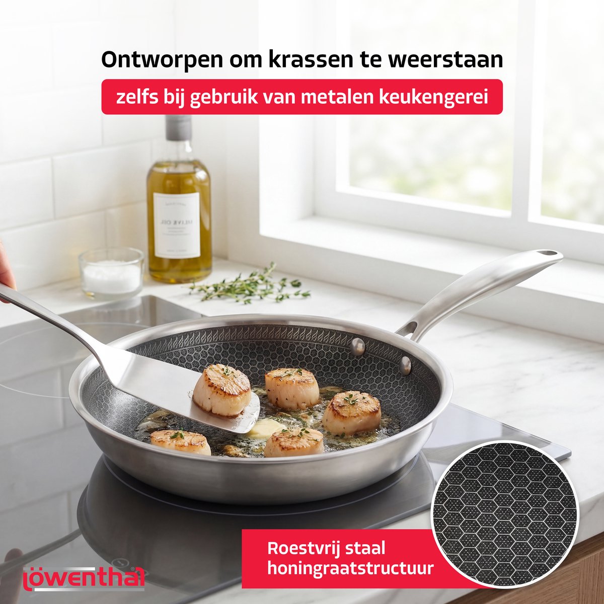 Koekenpan Ø 24 cm - PFAS Vrij & PTFE Vrij - RVS Honingraat Hybride Pan - Geschikt voor Inductie, Elektrisch, Keramisch & Gas - Hexagon Anti Aanbak Pan - Krasbestendig - Oven tot 280°C - Duurzame Keramische Coating - Keukengerei - Koken - Löwenthal — cadeau in Koken & Dineren - foto 6