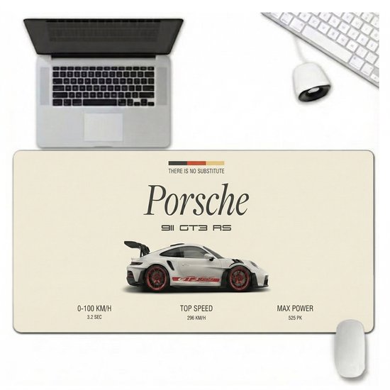 XL muismat met witte Porsche 911 GT3 RS raceauto en rode velgen. Tekst: 'Porsche', '911 GT3 RS', 'TOP SPEED 296 KM/H', 'MAX POWER 525 PK'.