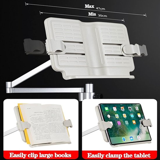 Vloer Boekstandaard - Leesplank Tablet Houder - Handsfree Lezen Bed - Verstelbaar Met Lamp - 130cm Hoog — afbeelding 2