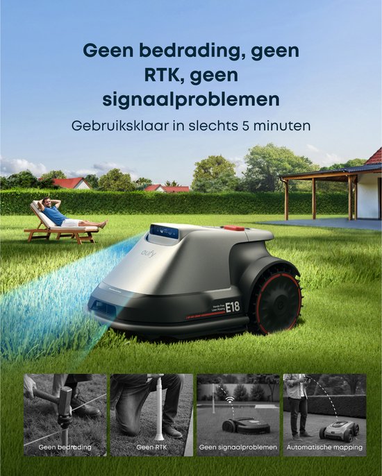 Eufy robotmaaier E18 maait gras op gazon met huis en tuin. Zonder bedrading, RTK, geen signaalproblemen.
