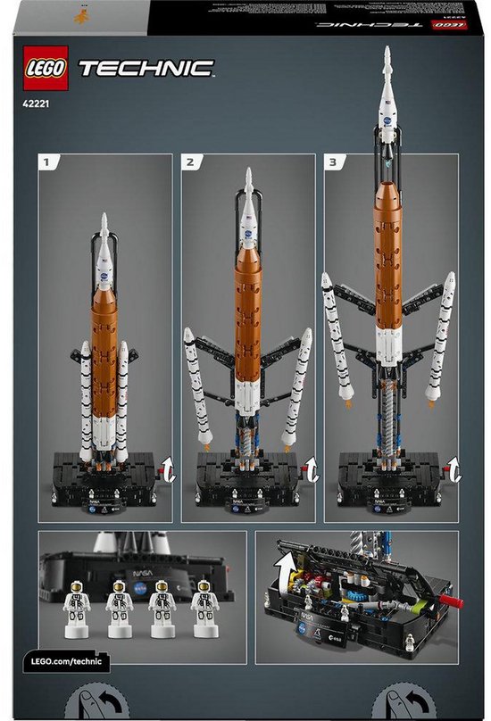 Doos LEGO Technic 42221 met afbeeldingen van het ruimtevaartuig, astronauten en technische details.