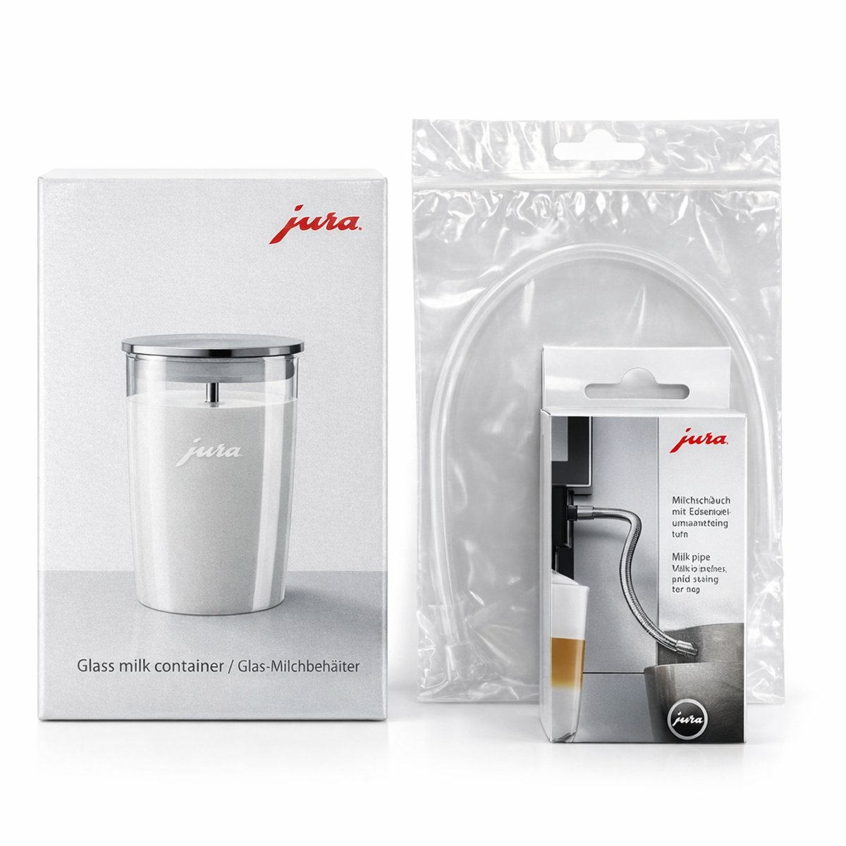 JURA Glazen Melkbeker + JURA RVS Melkslang HP3 + melkslang - Bundel - Geschikt voor JURA E8 + JURA S8 - Melkreservoir