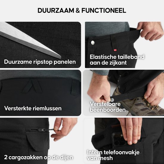 Duurzame ripstop panelen, elastische tailleband, versterkte riem lussen, verstelbare boorden, 2 cargozakken, intern telefoonvak.