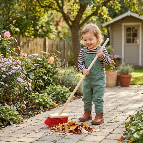 Sorex Kinderbezem voor buiten tegels - rood/hout - met steel 78 cm - Tuingereedschap van Sorex — afbeelding 3