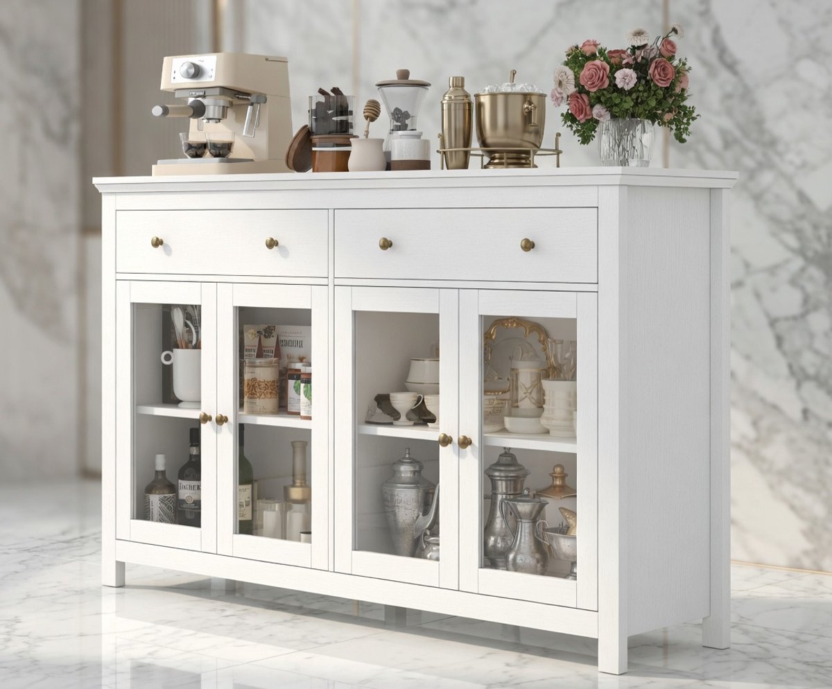Aurora Luxe Dressoir met Glazen Deuren 140 cm – Moderne Keukenkast / Buffetkast met 2 Laden en 4 Deuren – Opbergkast voor Woonkamer, Keuken en Eetkamer – Wit-NoviHome
