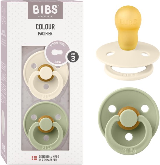 Verpakking met 2 BIBS spenen: ivory met gele speen en sage groen. BIBS Colour Collection, maat 3.
