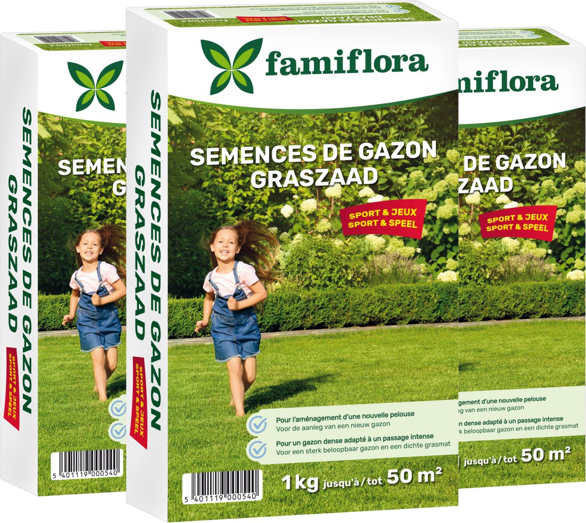 Famiflora graszaad Speel & Sport - voor aanleg nieuw gazon - 3kg tot 150m² (3 x 1KG) - Voor een sterk gazon dat tegen spelen kan - Dichte grasmat verdringt onkruid automatisch