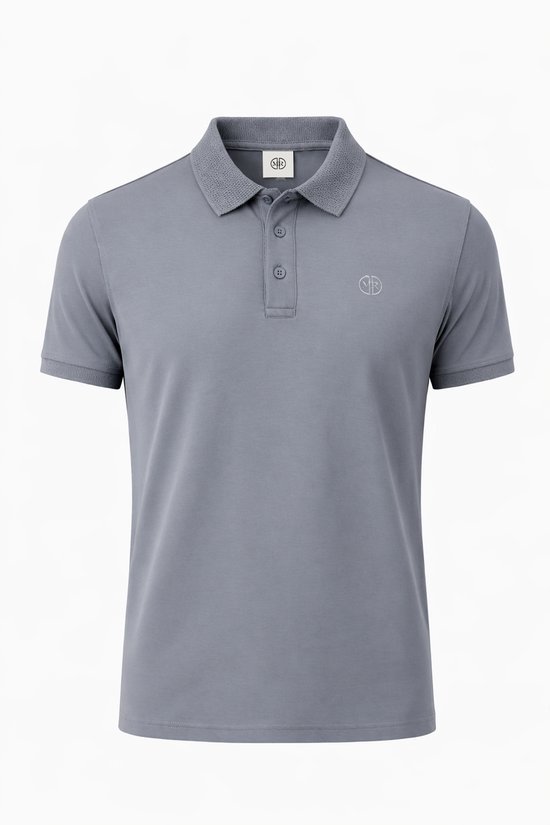 Grijze poloshirt met korte mouwen, een kraag met textuur en een geborduurd logo.