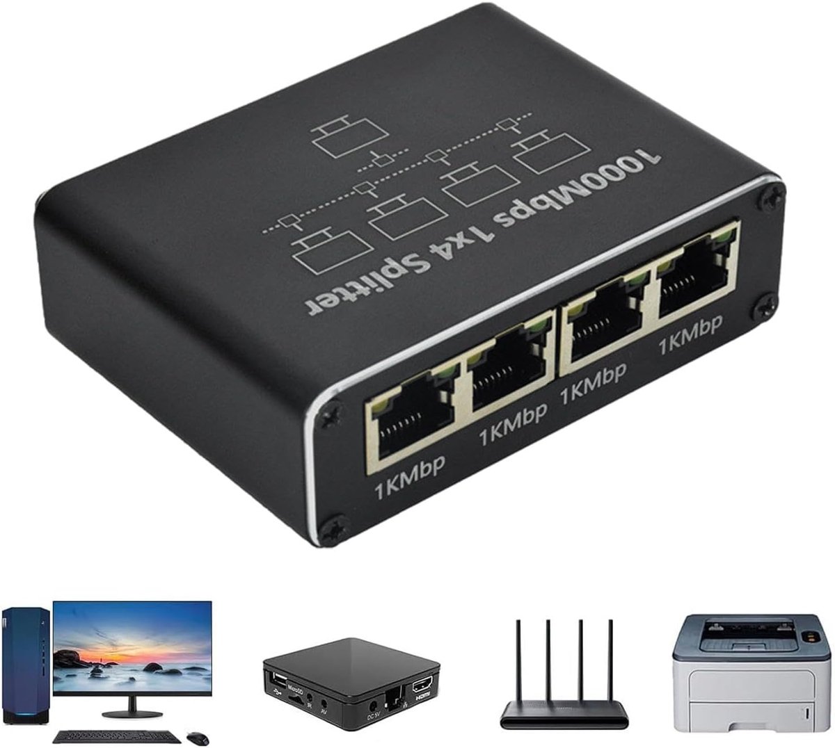 Ethernet Poort Extender - Internet Splitter Hub - Netwerk Uitbreiding - Gigabit Snelheid 1 naar 4 - Zwart