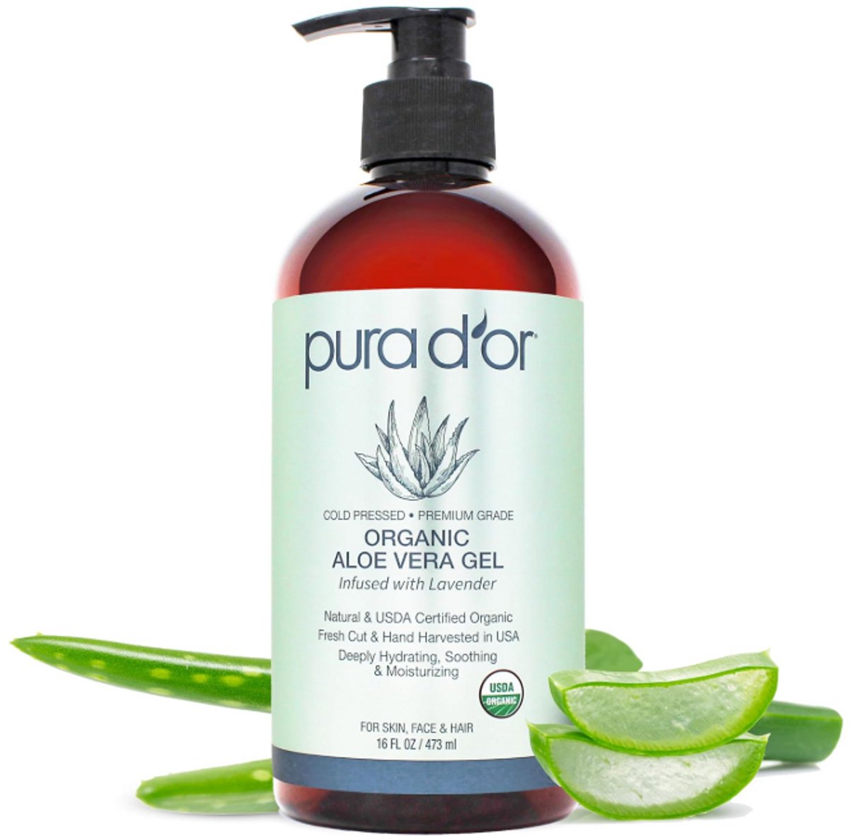 PURA D'OR Biologische Aloe Vera Gel met Lavendel 473ml – 100% Natuurlijk – Hydraterende Gel voor Huid & Haar – Tegen Zonnebrand, Jeuk, Eczeem en Huirritaties Zonder Kudinstmatige Conserveermiddelen