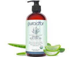 PURA D'OR Biologische Aloe Vera Gel met Lavendel 473ml – 100% Natuurlijk – Hydraterende Gel voor Huid & Haar – Tegen Zonnebrand, Jeuk, Eczeem en Huirritaties Zonder Kudinstmatige Conserveermiddelen