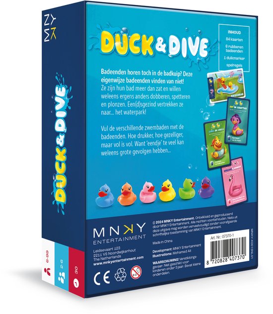 De achterkant van de doos van het spel Duck & Dive met tekst en afbeeldingen.