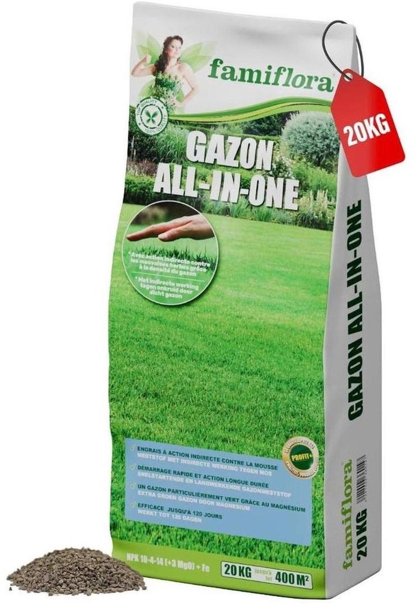 Famiflora gazonmest All in One 20 kg voor 400m² - Een donkergroen gazon met indirecte werking tegen mos en onkruid - Snelle & langdurige werking - NPK10-4-14 (+3 MgO) + Fe - gazonmeststof - meststof gazon - gazon mest - gras mest