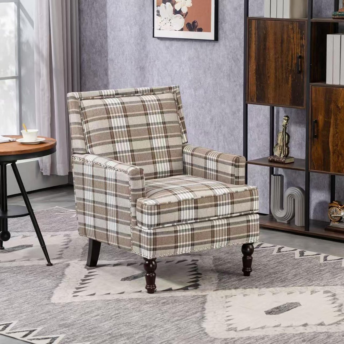 Merax Vintage Fauteuil Met Bruin Geruit Patroon – Comfortabele Gestoffeerde Accentstoel Me