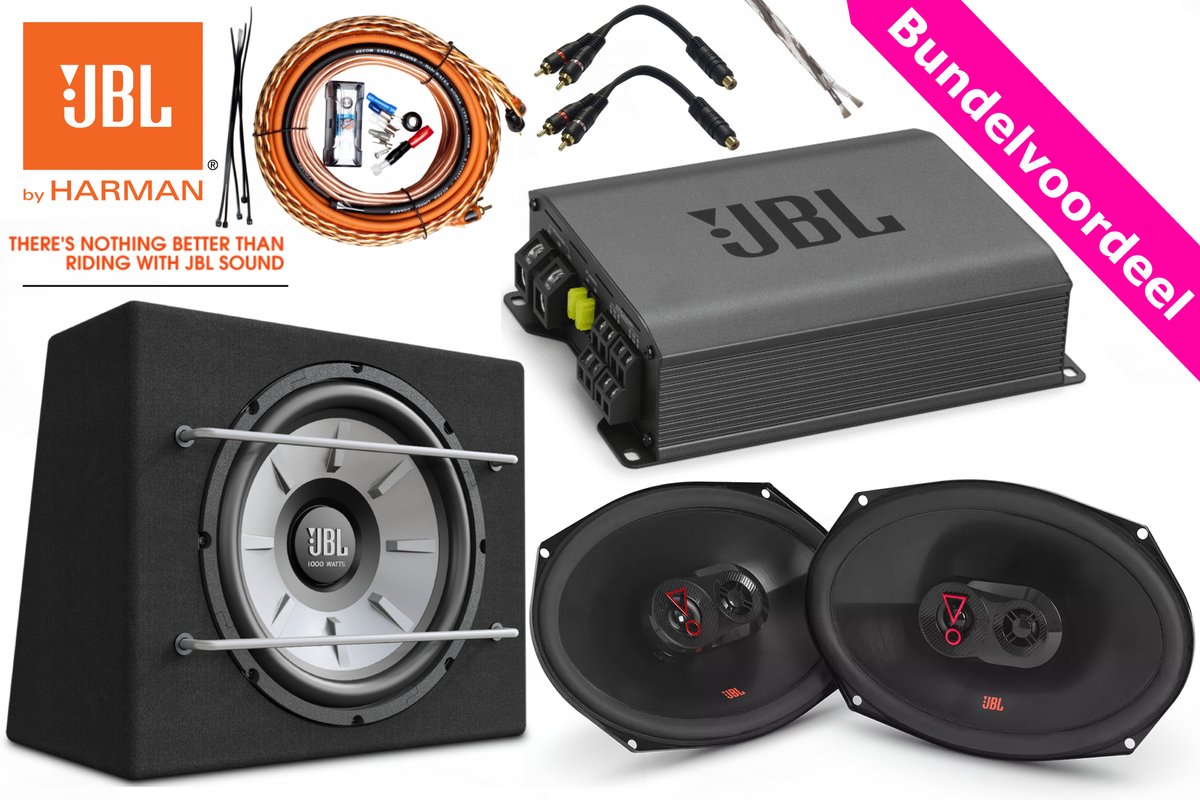 1000W JBL Subwoofer + Versterker + Ovale 6x9'' Speakers + Kabelset
