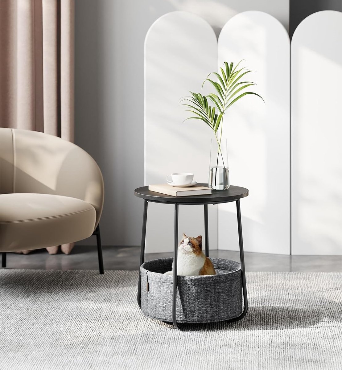 Kleine ronde salontafel, bijzettafel met stoffen mand, opbergruimte, voor woonkamer, slaapkamer, nachtkastje, moderne stijl, boszwart en leigrijs