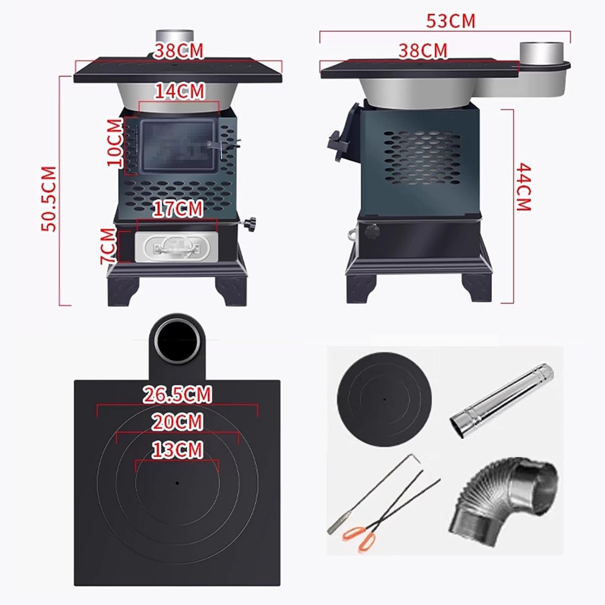 Houtkachel Aslade - Binnen Terras Verwarming - Koken Buiten Binnen - Stalen Plaat Gietijzer - 38x53x50.5 cm - Zwart