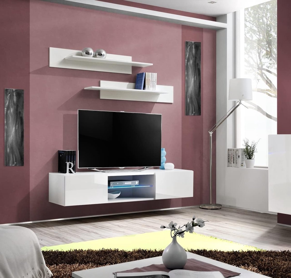 TV-meubel - Media kast - Woonkamer Inrichting - Geïntegreerde LED verlichting - L 160 x H 30 cm - Wit Hoogglans