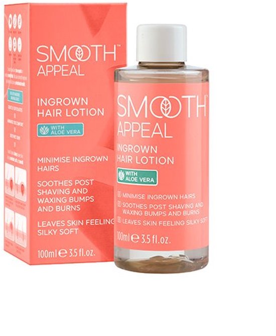 Ingrown Hair Lotion van Smooth Appeal met aloë vera in een oranje verpakking. Beschrijft het minimaliseren van ingegroeide haren en het verzachten van de huid na het scheren of waxen.