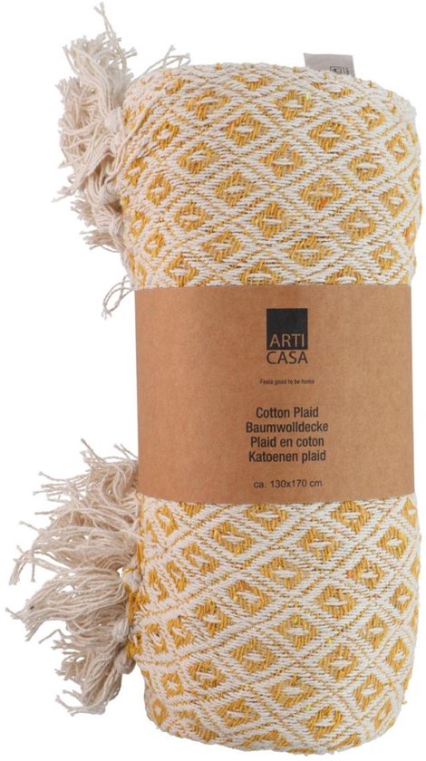 Arti Casa Katoenen Plaid - 130x170 cm - Decoratieve Deken met Franjes - Zachte Woonplaid - Geel Oker