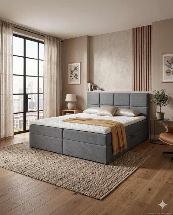Boxspring Leno- 160x200- Donkergrijs Structuurstof- met vaste matras en opbergruimte- met topper 4cm