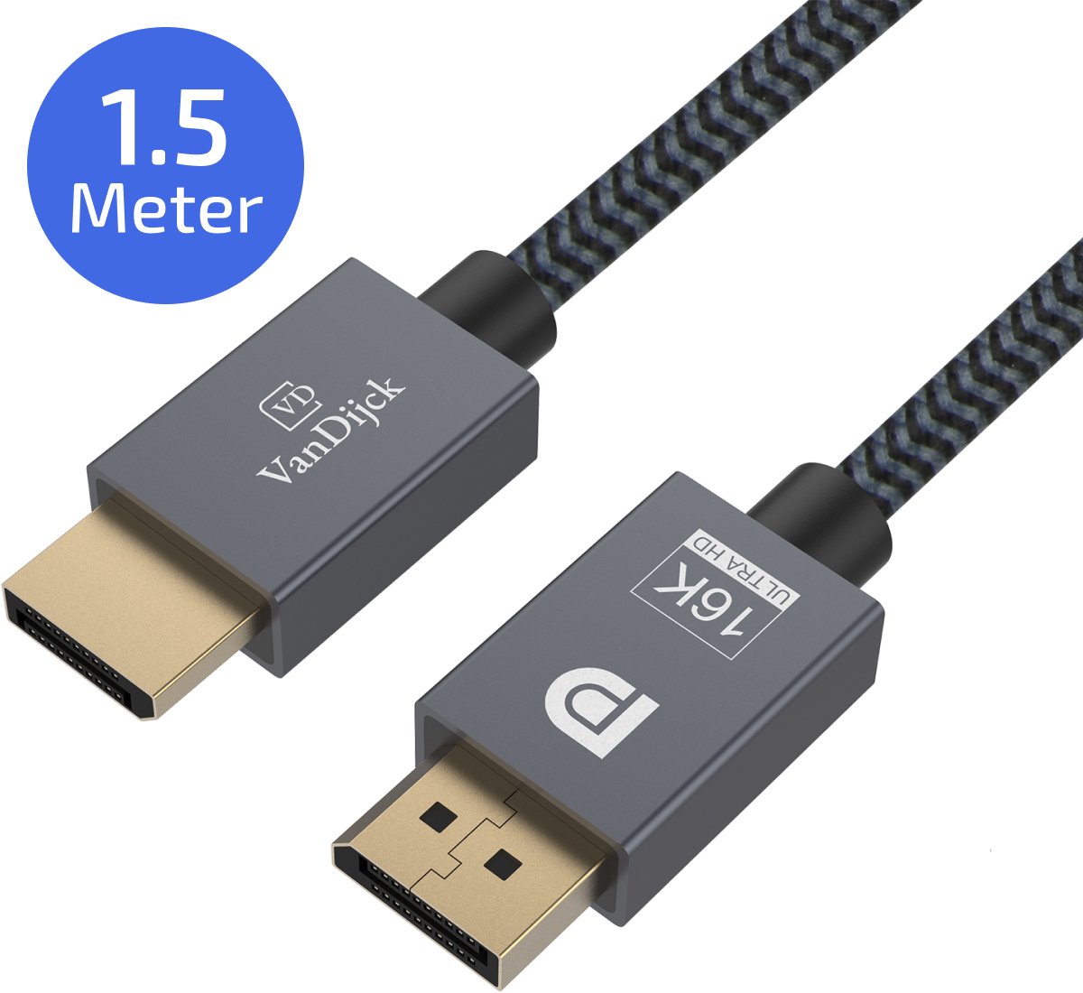 VanDijck DisplayPort 2.1 Kabel – 4K 240Hz – 8K 60Hz – 1.5 meter - Zwart